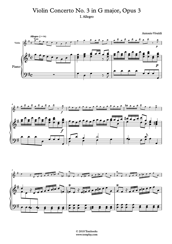 Partition Piano Concerto Pour Violon N 3 En Sol Majeur Opus 3 RV 310