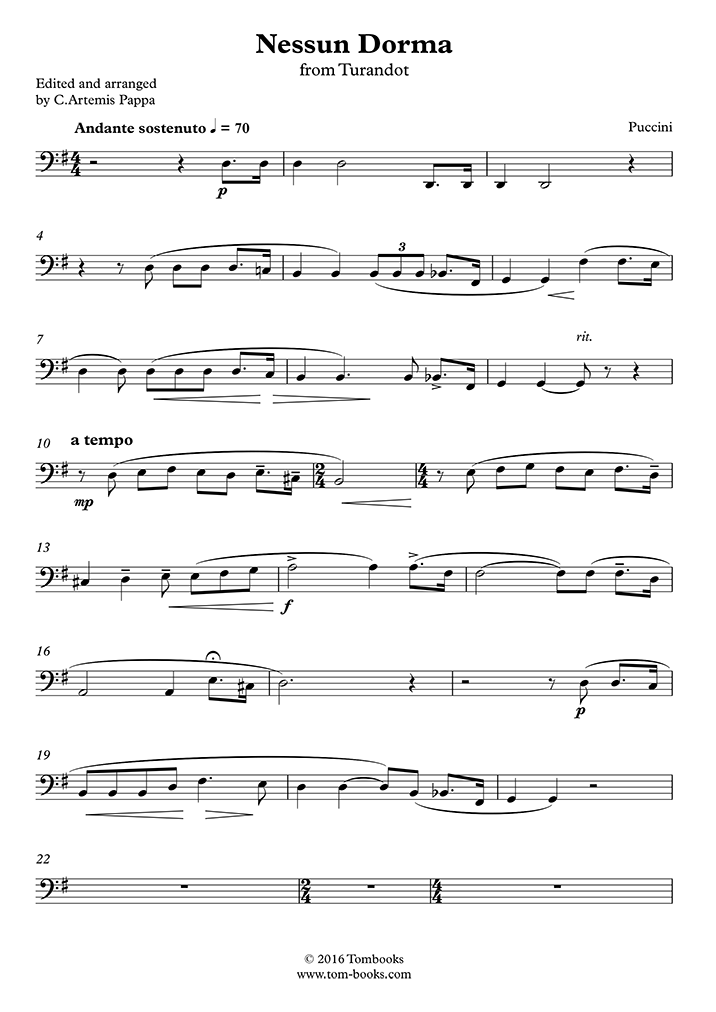 Cello Sheet Music Turandot Nessun Dorma Puccini