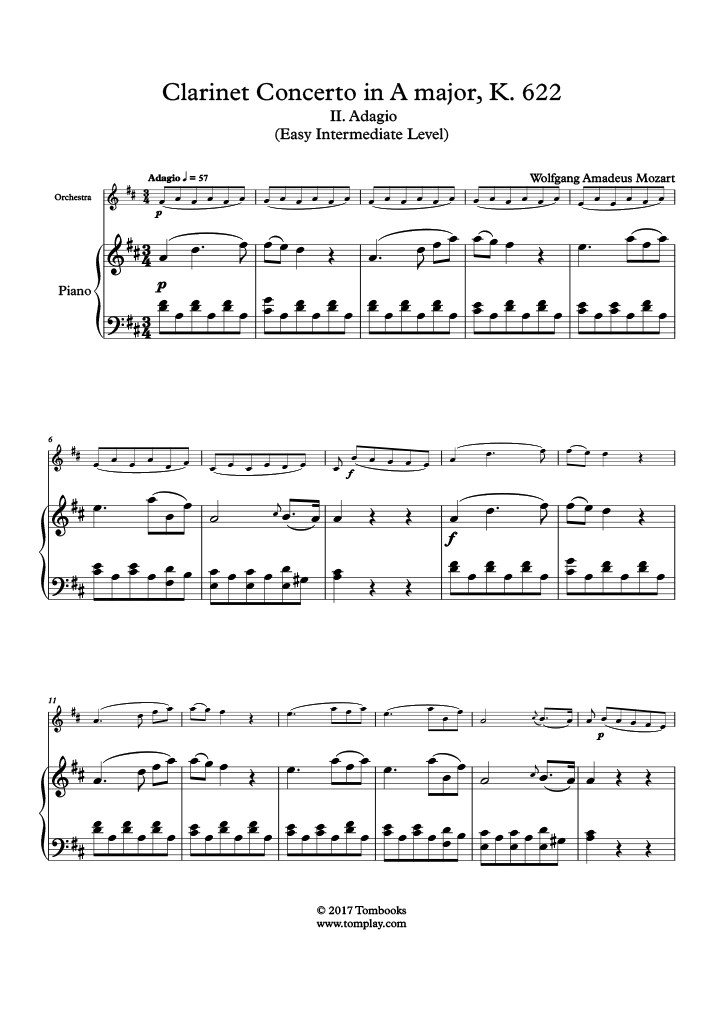 Piano Sheet Music Clarinet Concerto, K. 622 – II. Adagio (Arr. Piano ...