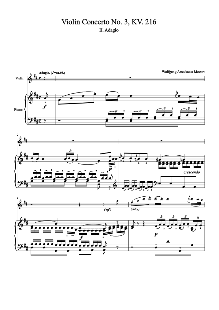 Piano Sheet Music Violin Concerto No. 3 in G major, KV. 216 II