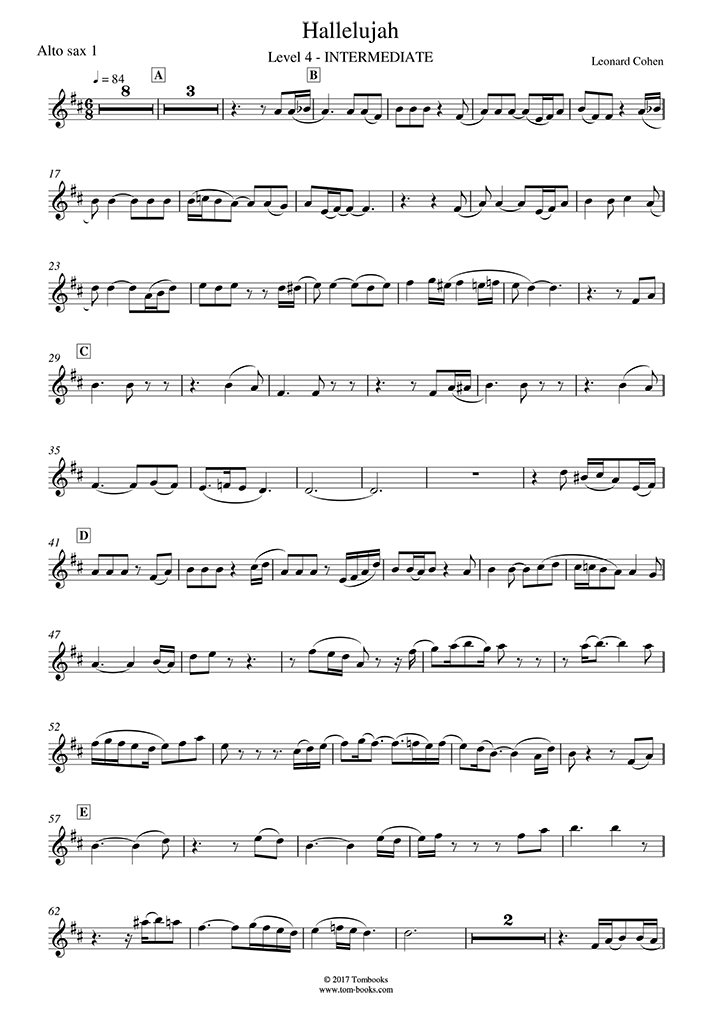 Saxophone Sheet Music Hallelujah (Intermediate Level alto sax) (Cohen)