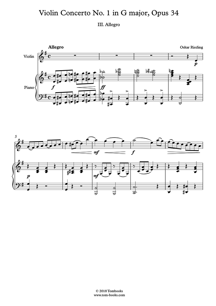 Violin Sheet Music Violin Concerto No. 1 in G major, Opus 34 - III ...