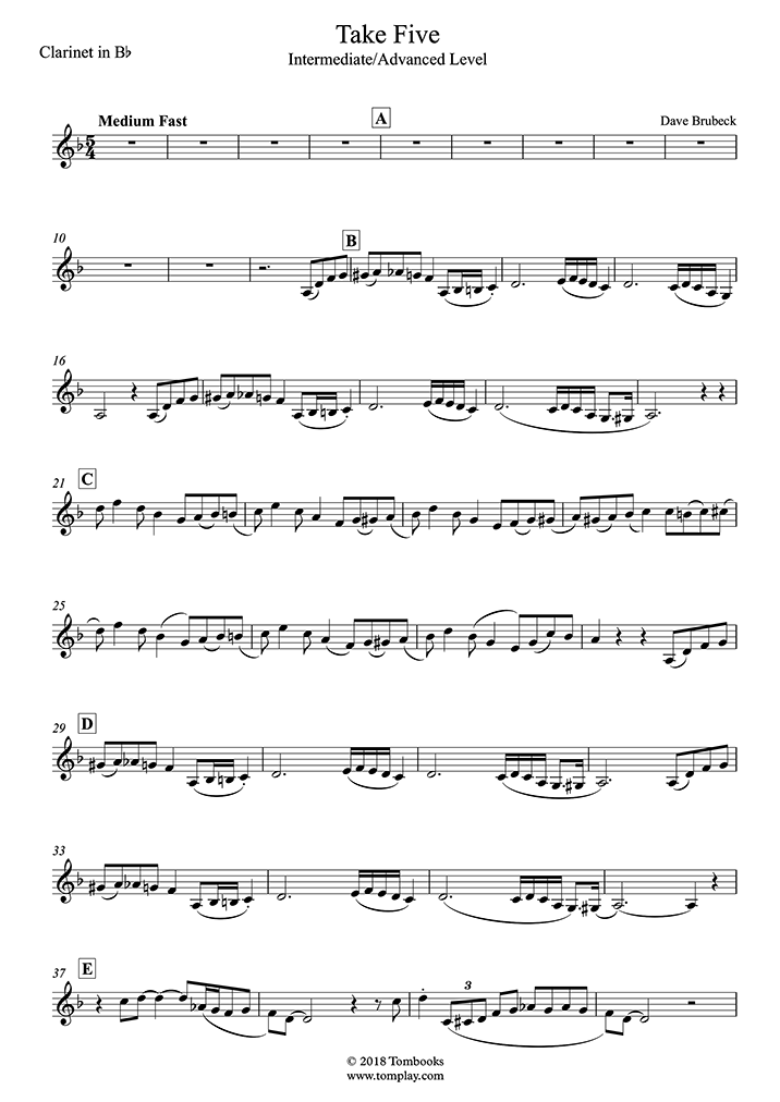 Clarinet Sheet Music Take Five (Intermediate/Advanced Level) (Brubeck)