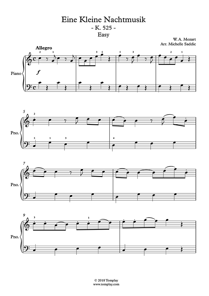 Piano Sheet Music Eine kleine Nachtmusik, K. 525 - I. Allegro (Easy