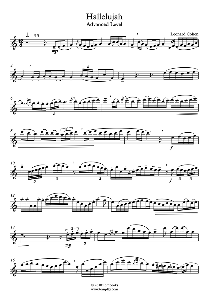 Flute Sheet Music Hallelujah (Advanced Level) (Cohen)