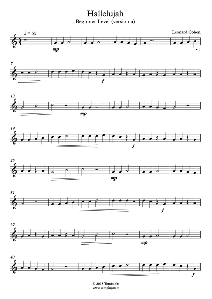 Flute Sheet Music Hallelujah Beginner Level Cohen 