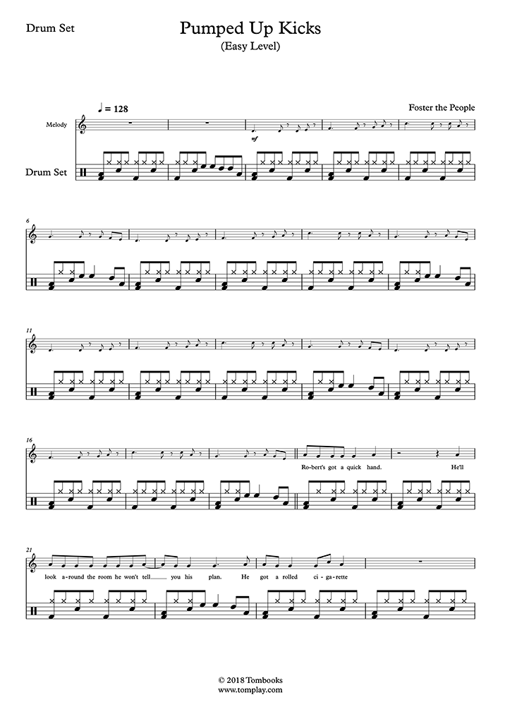 Drums Sheet Music Pumped Up Kicks (Easy Level) (Foster The People)