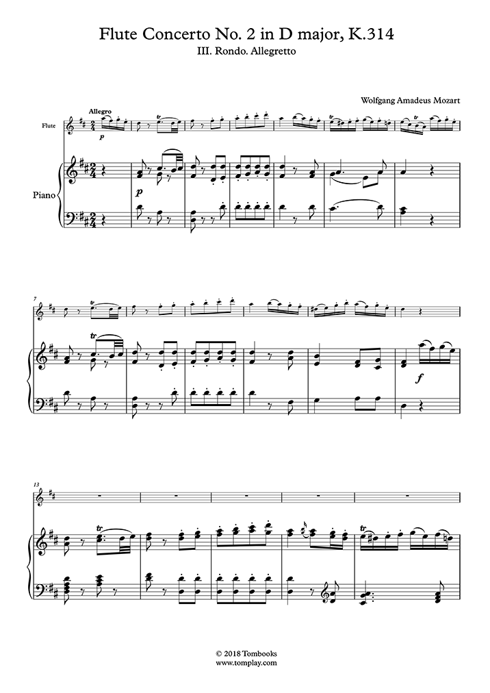 Piano Sheet Music Flute Concerto No. 2 in D major, K.314 III. Rondo