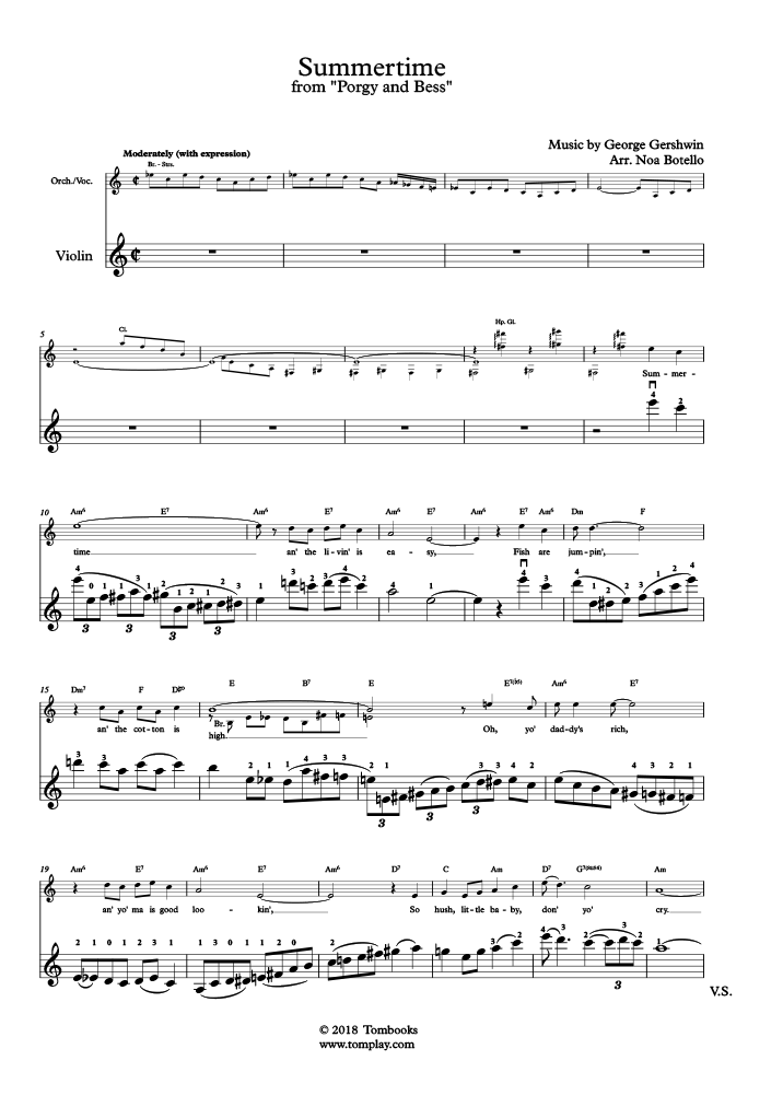 Violin Sheet Music Summertime (Upper Advanced Level) (Gershwin)