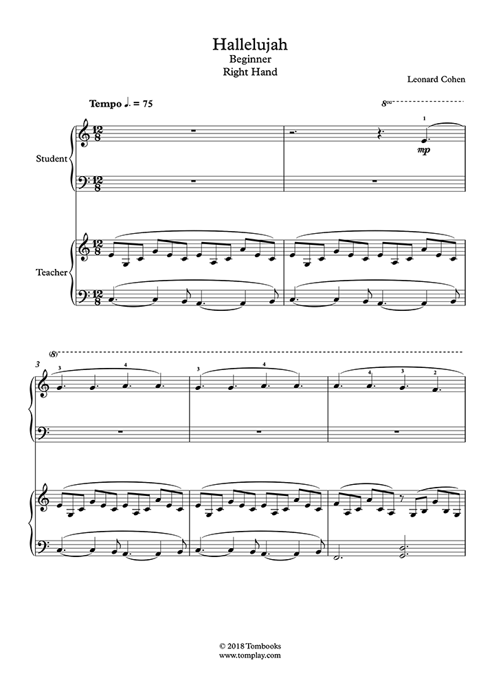 Partition Piano Hallelujah (niveau débutant, quatremains) (Cohen)