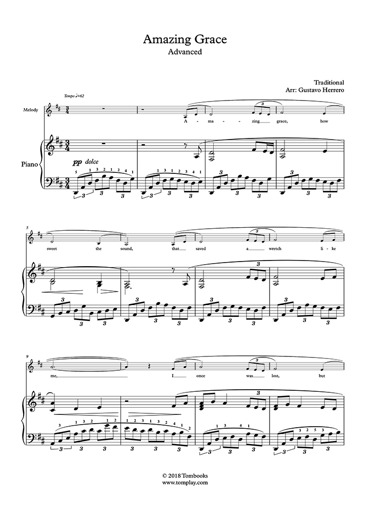 Piano Sheet Music Amazing Grace (Advanced Level, with Orchestra