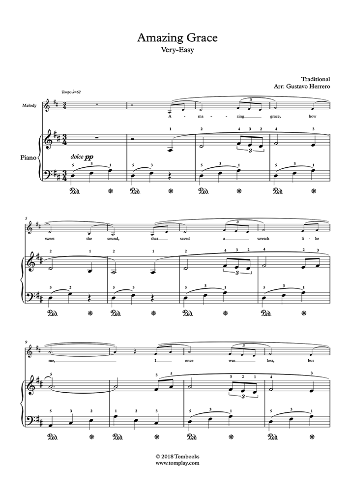 Piano Sheet Music Amazing Grace (Very Easy Level, with Orchestra