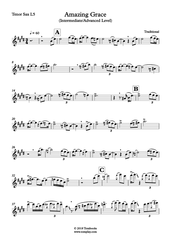 Partition Saxophone Amazing Grace (niveau intermédiaire/difficile, sax ténor) (Traditionnel)
