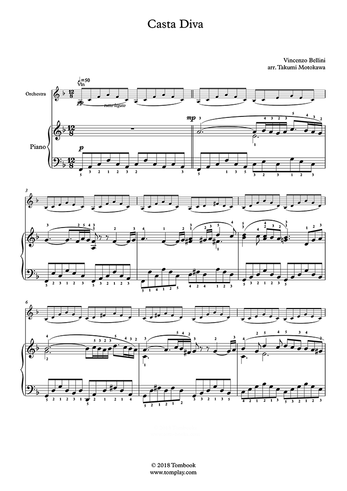 Partitura Piano Norma Casta Diva Easy Intermediate Level With Orchestra Bellini