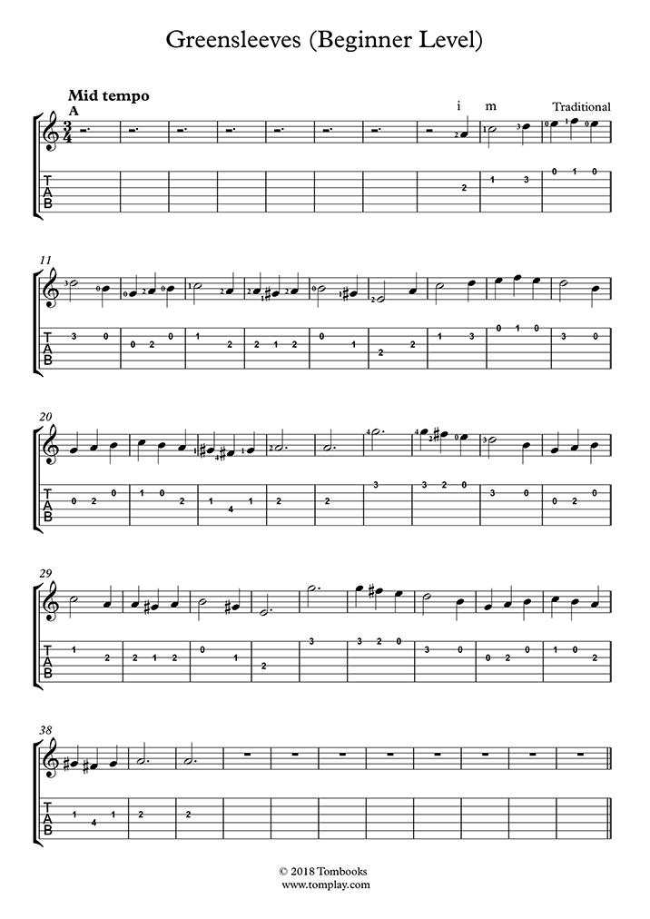 Guitar Sheet Music Greensleeves (Beginner Level, with Orchestra) (Traditional)