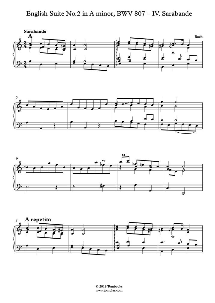 Piano Sheet Music English Suite No. 2 in A minor, BWV 807 - IV ...