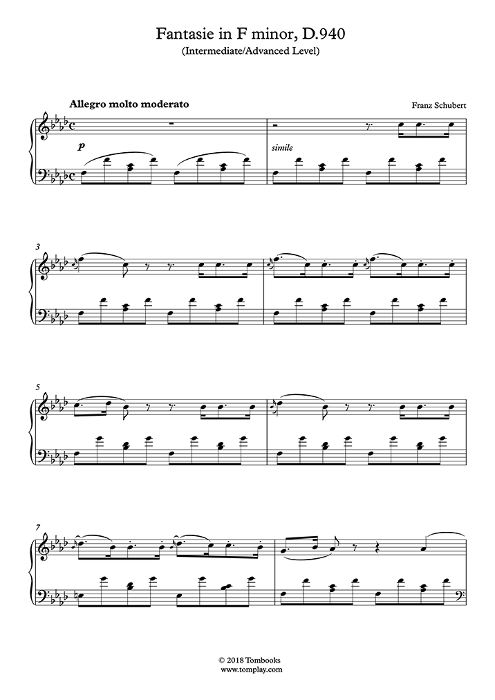 Partition Piano Fantaisie en fa mineur, D. 940 (niveau intermédiaire