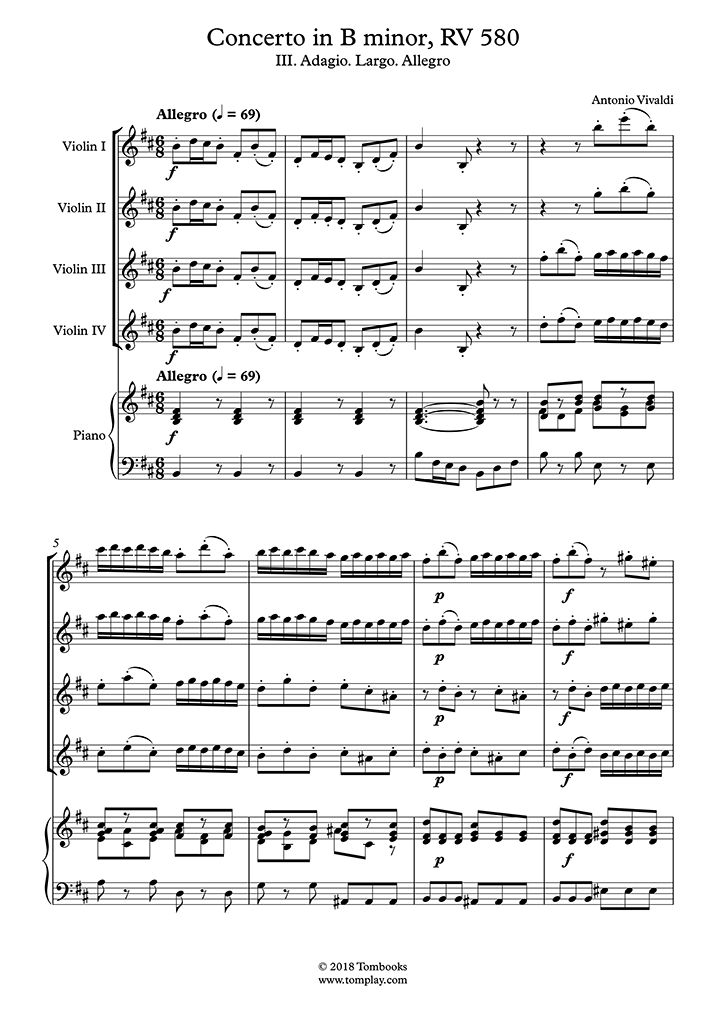 Violin Sheet Music Concerto In B Minor, RV 580 - III. Adagio. Largo ...