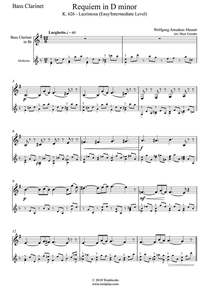 Clarinet Sheet Music Requiem In D Minor K 626 Lacrimosa Easy