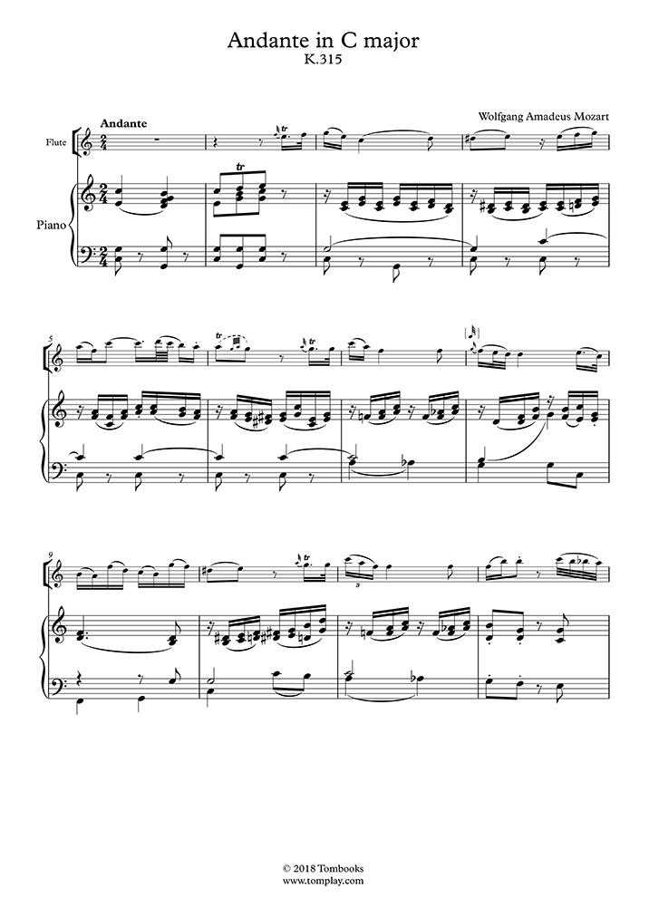 Piano Sheet Music Andante In C Major K 315 Mozart