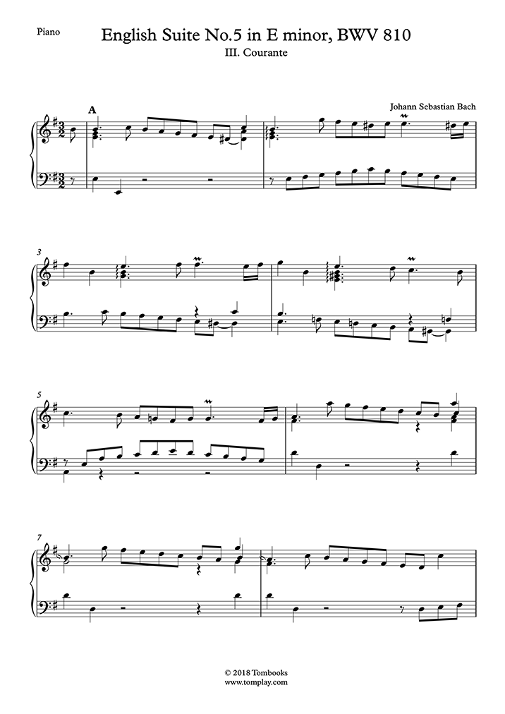 Partition Piano Suite anglaise n° 5 en mi mineur, BWV 810 III