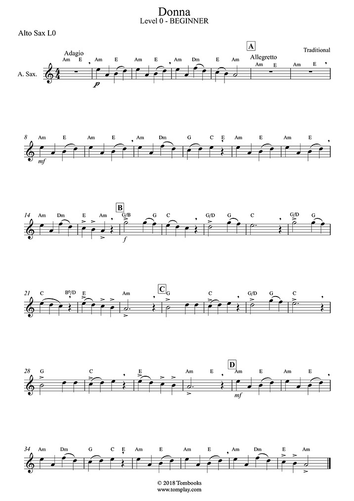 Saxophone Sheet Music Donna (Klezmer, Alto Sax, Beginner) (Traditional)