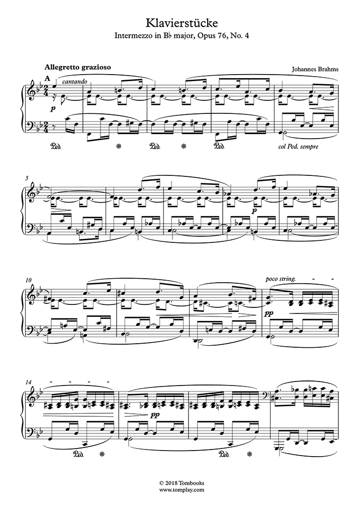 Piano Sheet Music 8 Piano Pieces Intermezzo No 4 In B Flat Major Opus 76 Allegretto Grazioso Brahms