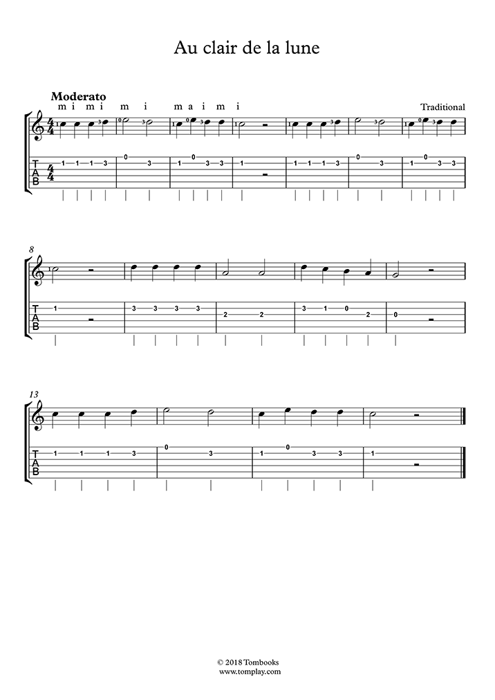 Au Clair De La Lune Guitare Tab
