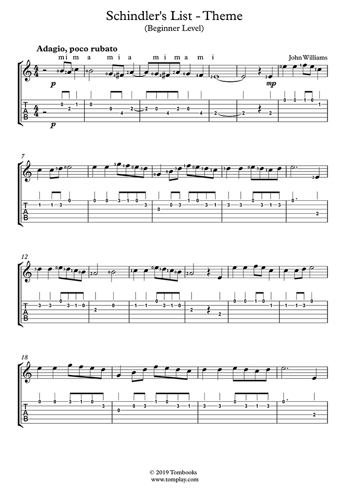 Guitar Sheet Music Schindler's List - Theme (Beginner Level, with ...