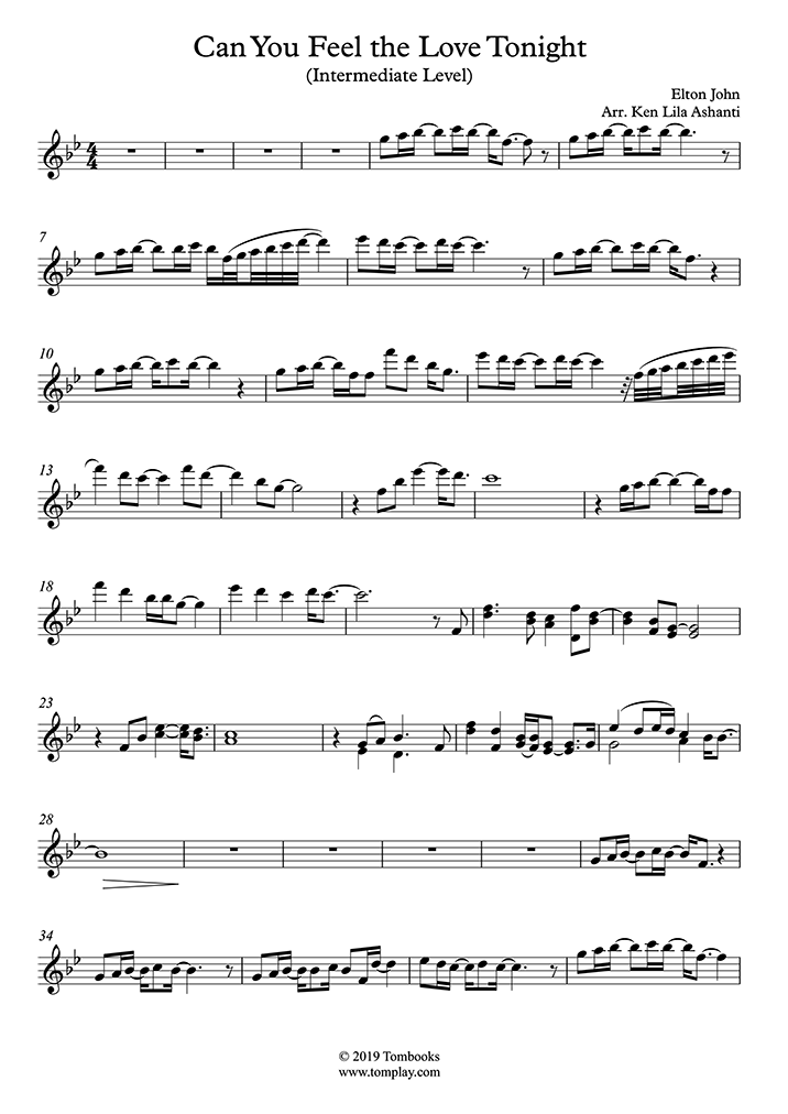 Violin Sheet Music Can You Feel the Love Tonight (Intermediate Level) (Elton John)