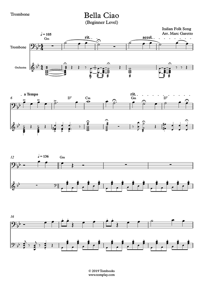 Trombone Sheet Music Money Heist Bella Ciao Beginner Level Traditional - bella ciao song roblox id