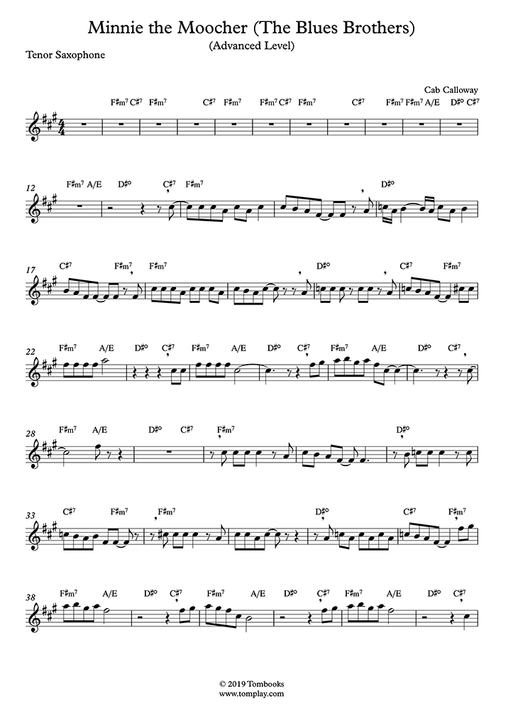 Saxophone Sheet Music The Blues Brothers Minnie The Moocher Advanced Level Tenor Sax Cab Calloway