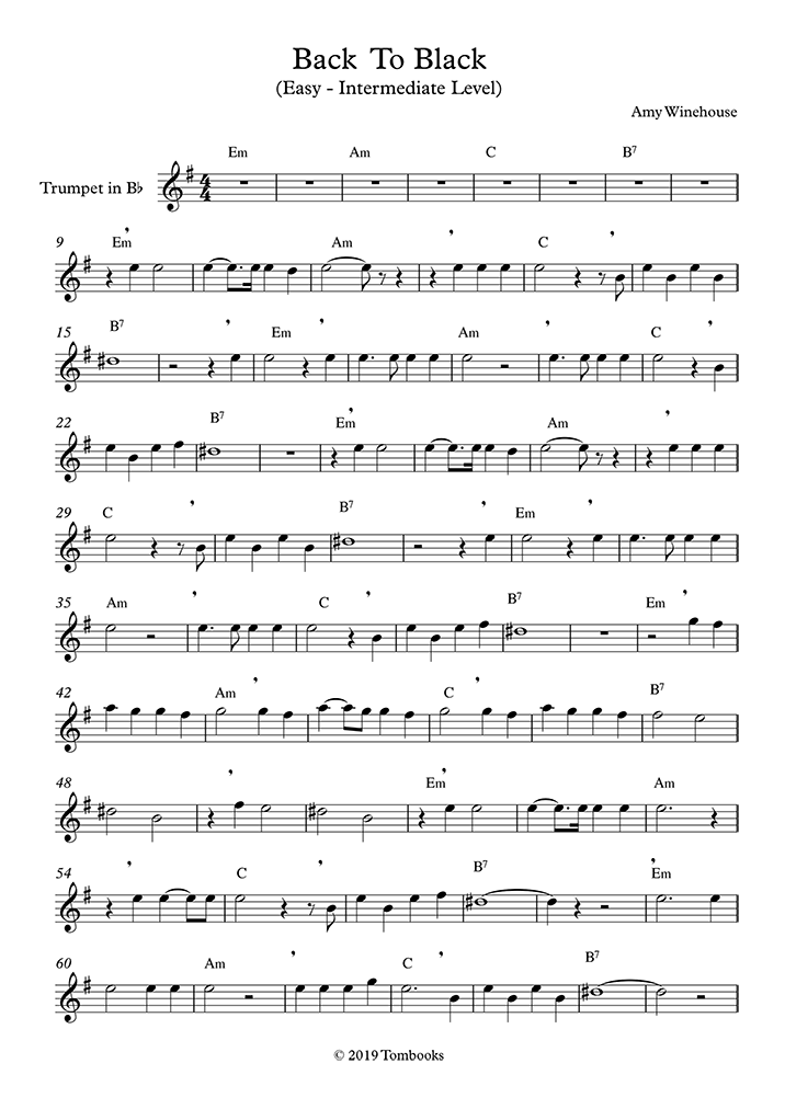 Trumpet Sheet Music Back To Black Easy Intermediate Level Amy
