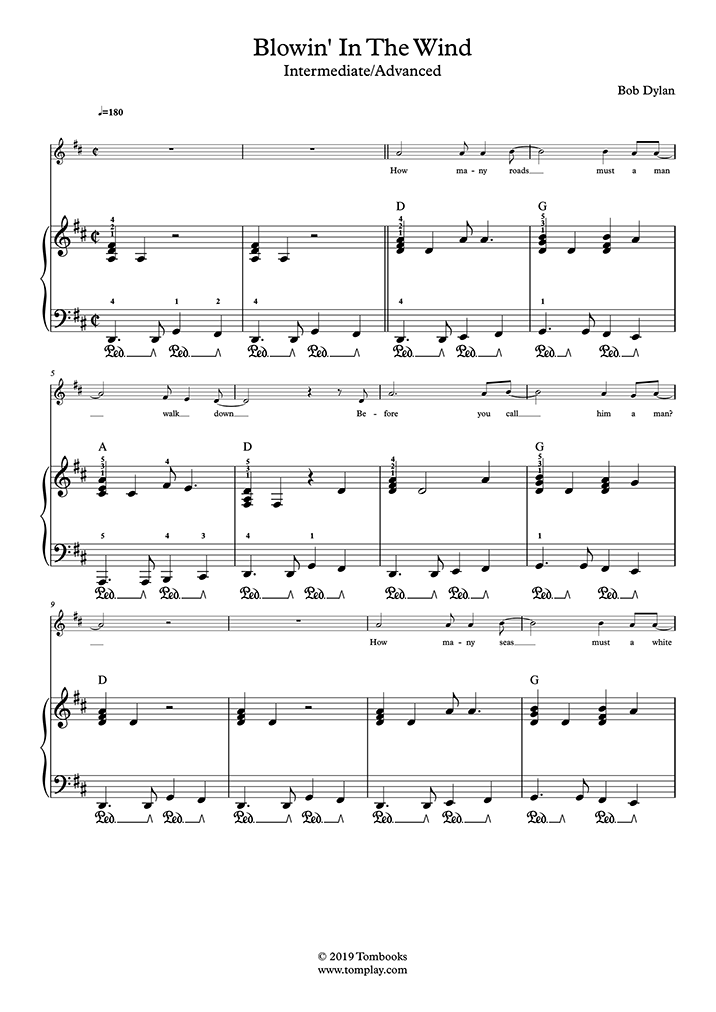 Piano Sheet Music Blowin' in the Wind (Intermediate ...