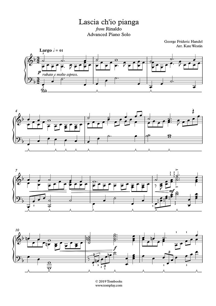 Piano Sheet Music Rinaldo Lascia Ch Io Pianga Advanced Level Solo Piano Händel