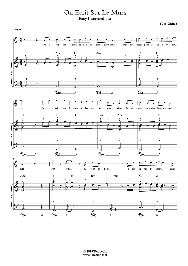 Piano Sheet Music On Ecrit Sur Les Murs Easy Intermediate Level Solo Piano Kids United