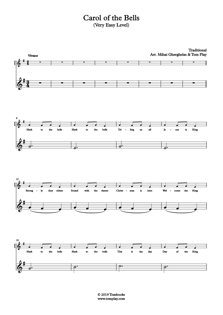 Violin Sheet Music Carol of the Bells (Very Easy Level) (Traditional)