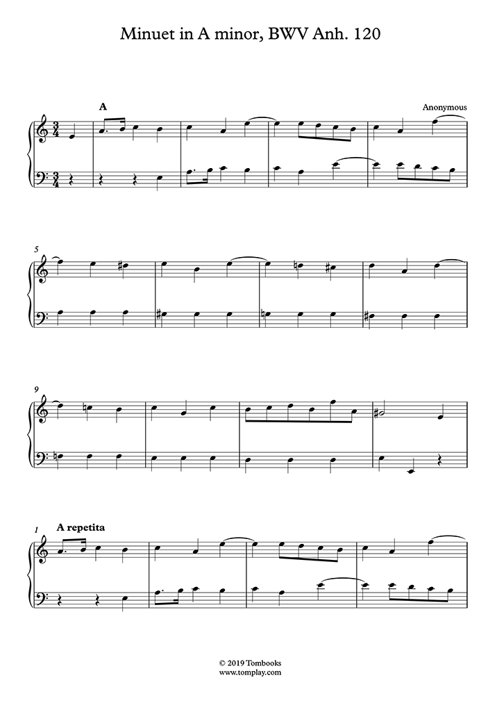 Piano Sheet Music Minuet in A minor, BWV Anh. 120 - The Notebook of