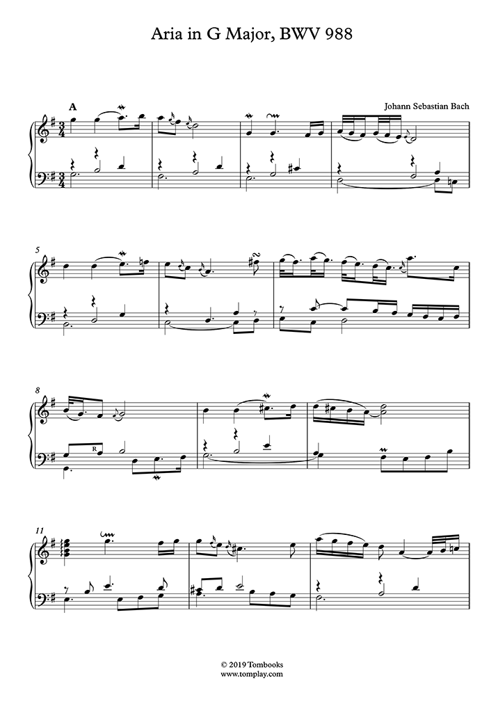 Piano Sheet Music Aria in G Major, BWV 988 - The Notebook of Anna