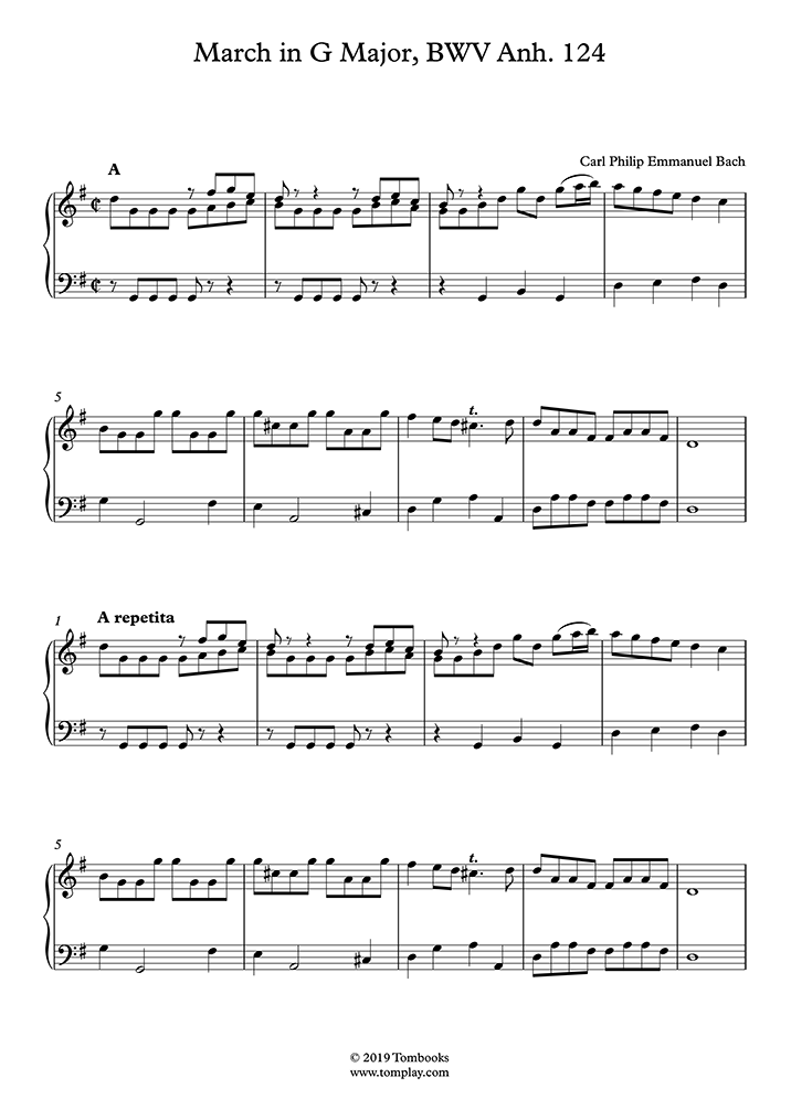 Piano Sheet Music March in G Major, BWV Anh. 124, H. 1.3 - The Notebook