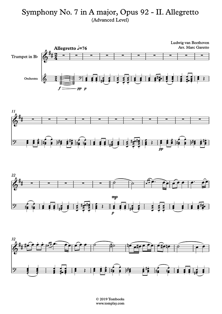 Partition Trompette Symphonie n° 7 en la majeur, Opus 92 II