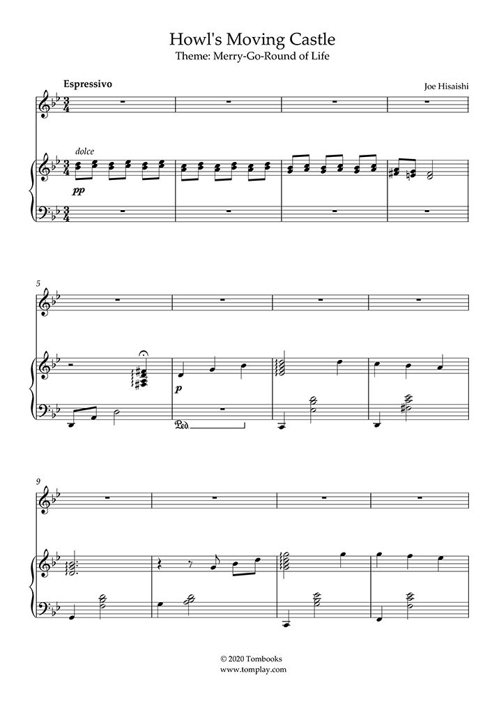 Violin Sheet Music Howl S Moving Castle Theme The Merry Go Round Of Life Hisaishi