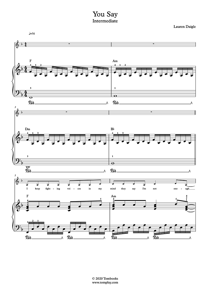Piano Sheet Music You Say (Intermediate Level, Solo Piano) (Daigle Lauren)