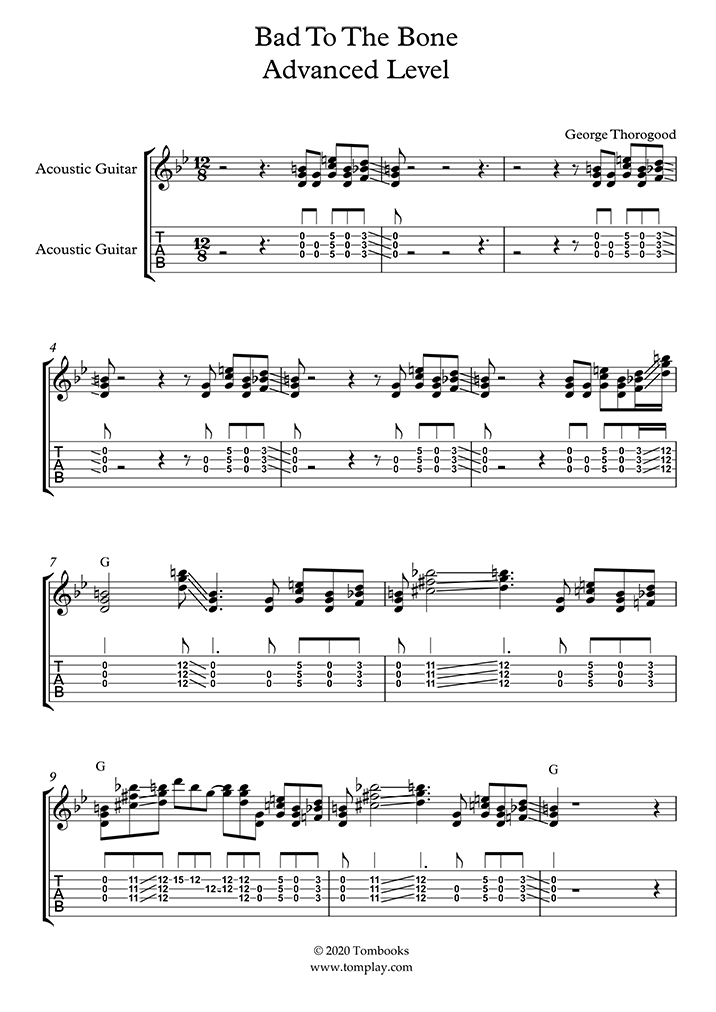 Guitar Sheet Music Bad to the Bone (Advanced Level) (Thorogood