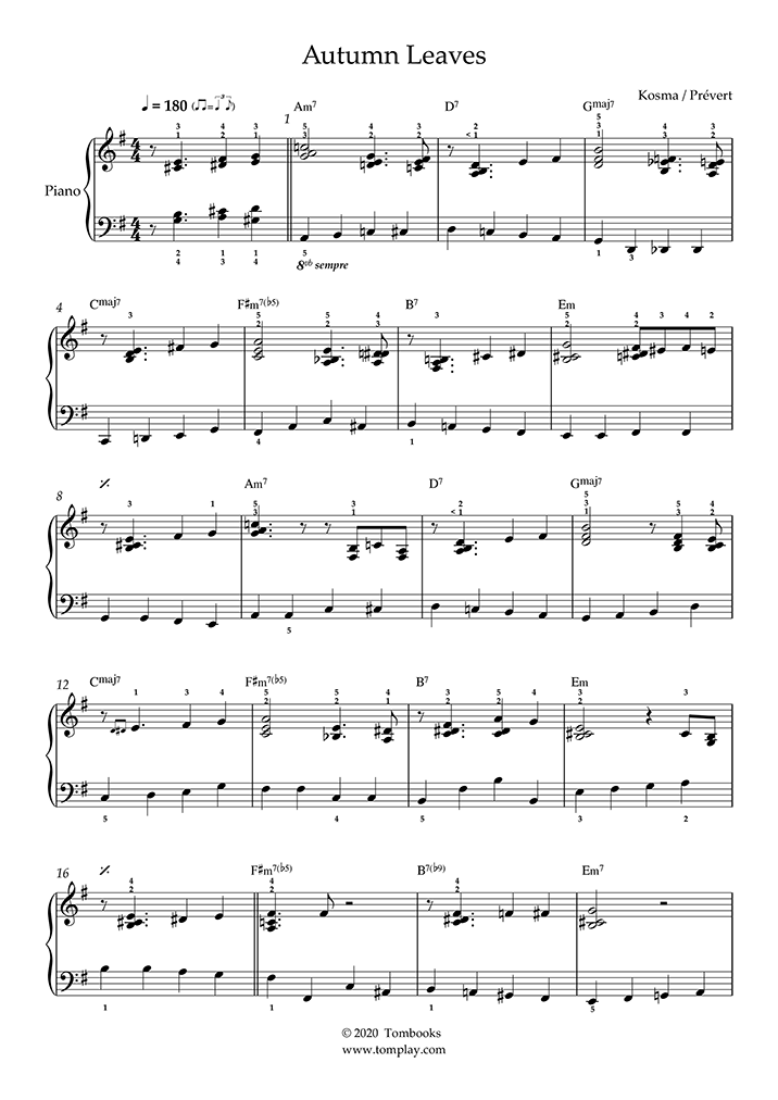 Piano Sheet Music Autumn Leaves (Intermediate Level, Solo Piano
