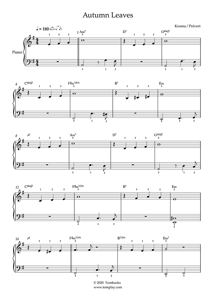 Partition Piano Les feuilles mortes (niveau très facile, piano solo) (Joseph Kosma)