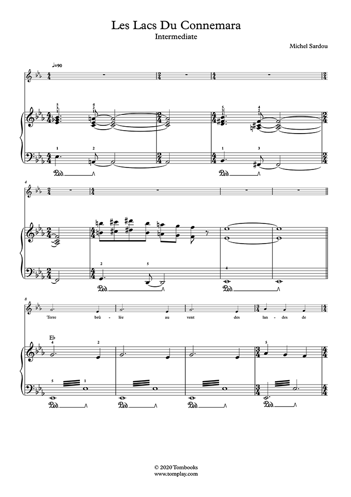Partition Piano Les lacs du Connemara (niveau intermédiaire, piano solo) (Sardou Michel)