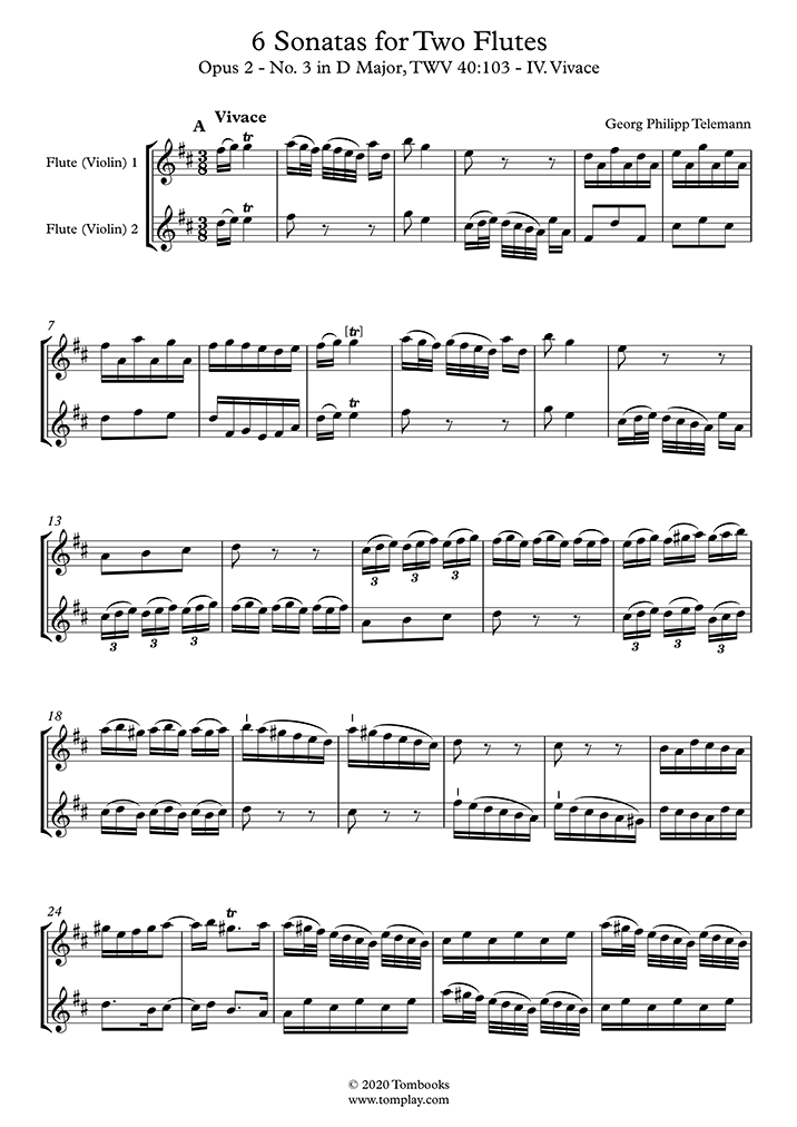 Flute Sheet Music 6 Sonatas For Two Flutes Opus 2 No 3 In D Major Twv 40103 Iv Vivace 