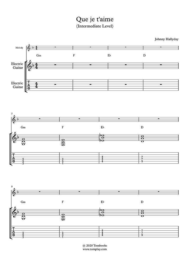 Accord Guitare Toute La Musique Que J Aime Guitar Sheet Music Que je t'aime (Intermediate Level, Electric Guitar