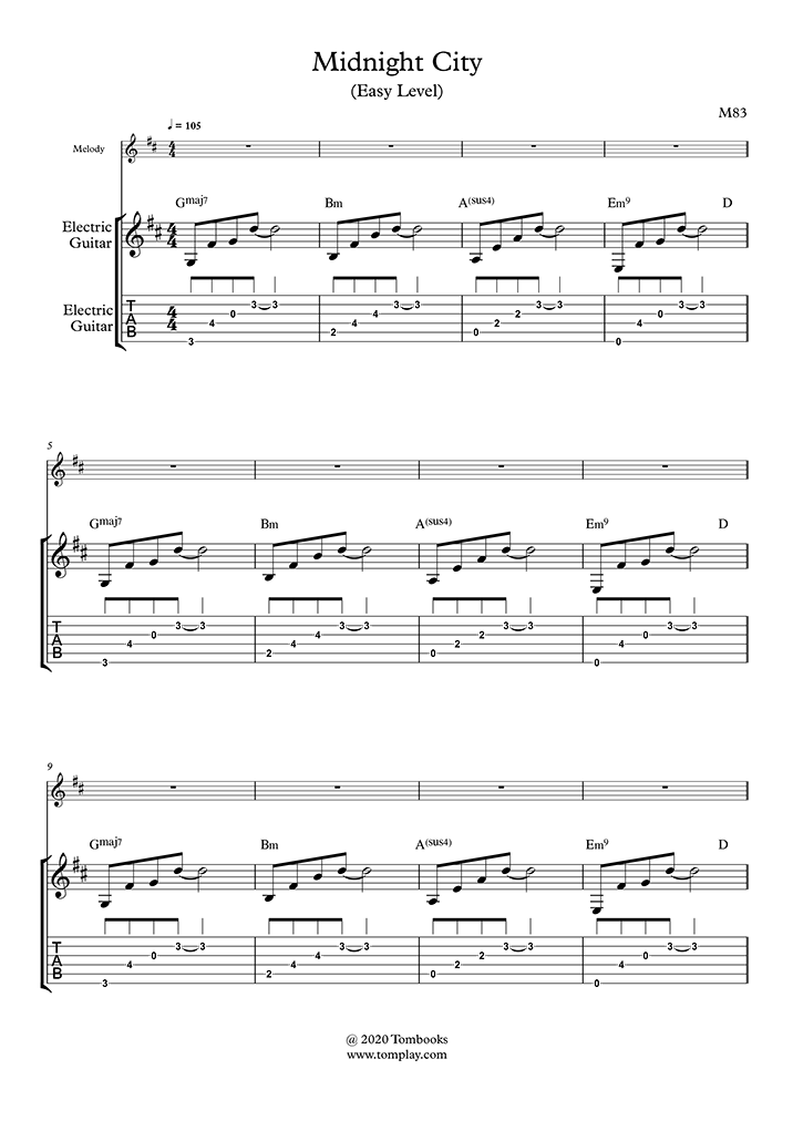 Partition Guitare Midnight City (niveau facile, guitare électrique